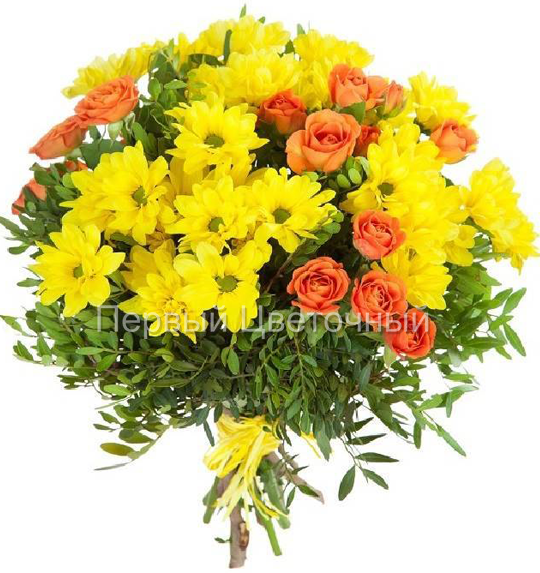 Букет из желтых хризантем и роз "Бархатная осень" в Ставрополе